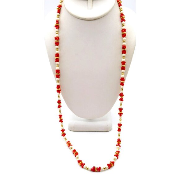Vintage Monet Faux Coral Necklace with Elegant White and Gold Tone Beads, Long C - Picture 1 of 3